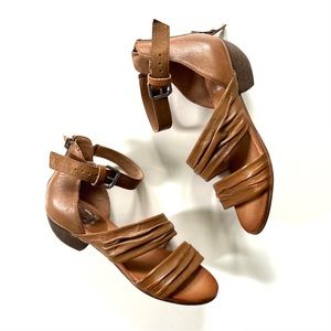 Miz Mooz Cassie Brown Cognac Gathered Leathered Strappy Heeled Ankle Sandals